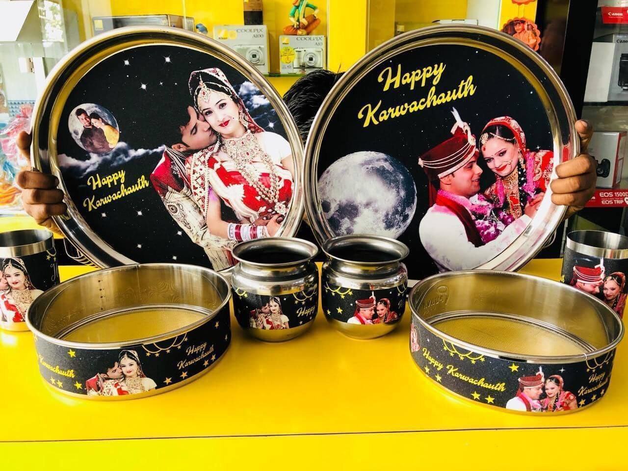Customized Karwachauth Thali set with couple photos and caption | Special gift for wife